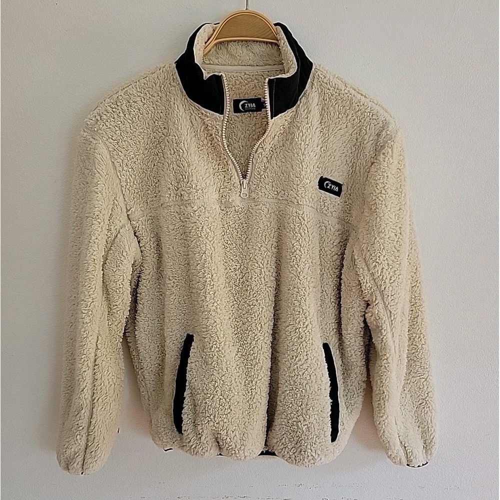 Zyia Fuzzy Sherpa‎ Sweater Small Cream Mock Neck Quarter Zip Athleisure Casual